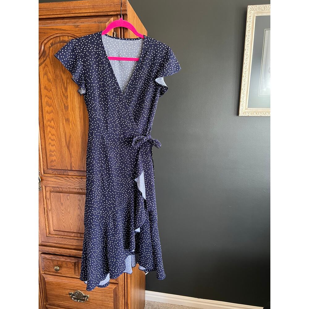 Shein Navy Blue Polka Dot Wrap Dress Size S Flutter‎ Sleeve Ruffle Hem Midi